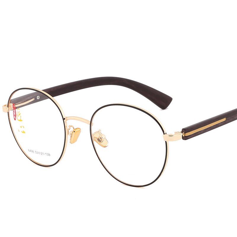 Hdcrafter Unisex Full Rim Oval Alloy Wood Temple Frame Eyeglasses 6498 Full Rim Hdcrafter Eyeglasses Black Golden  