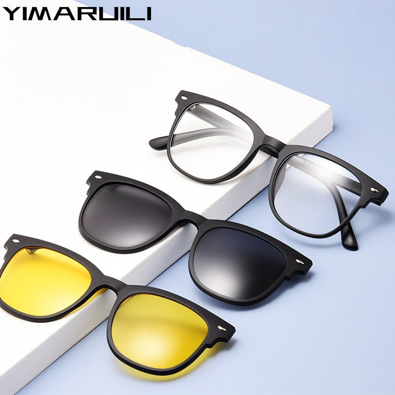 Yimaruili Unisex Full Rim Square Tr 90 Eyeglasses Clip On Polarized Sunglasses 5502R With Clip Ons Yimaruili Eyeglasses   