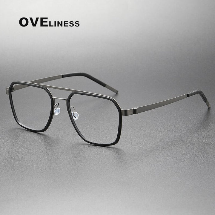 Oveliness Unisex Full Rim Square Double Bridge Screwless Acetate Titanium Eyeglasses 9753 Full Rim Oveliness black gun  