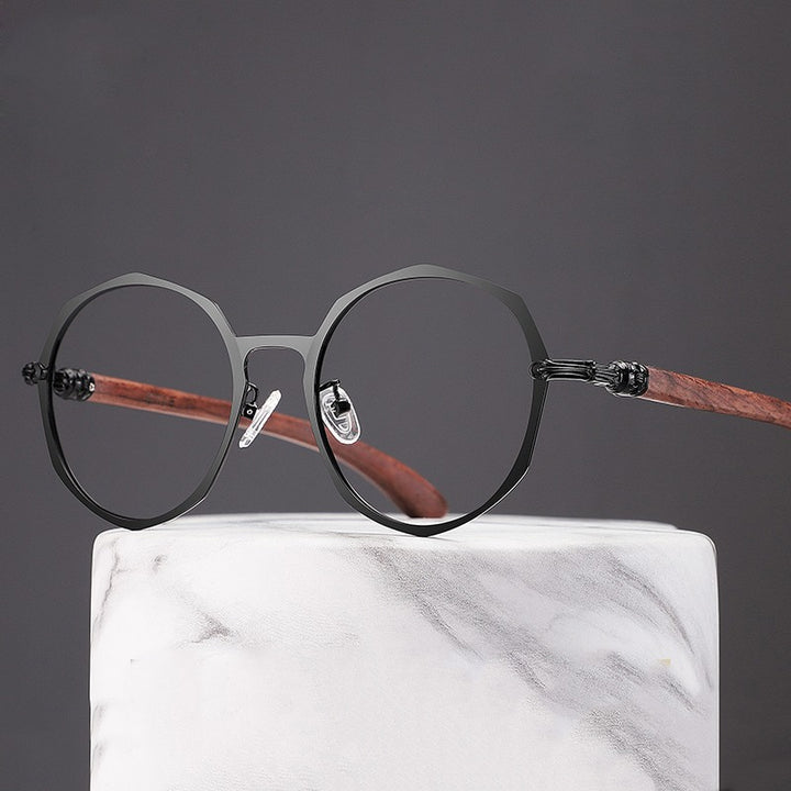 Hdcrafter Unisex Full Rim Polygon Titanium Frame Wood Temple Eyeglasses Full Rim Hdcrafter Eyeglasses   