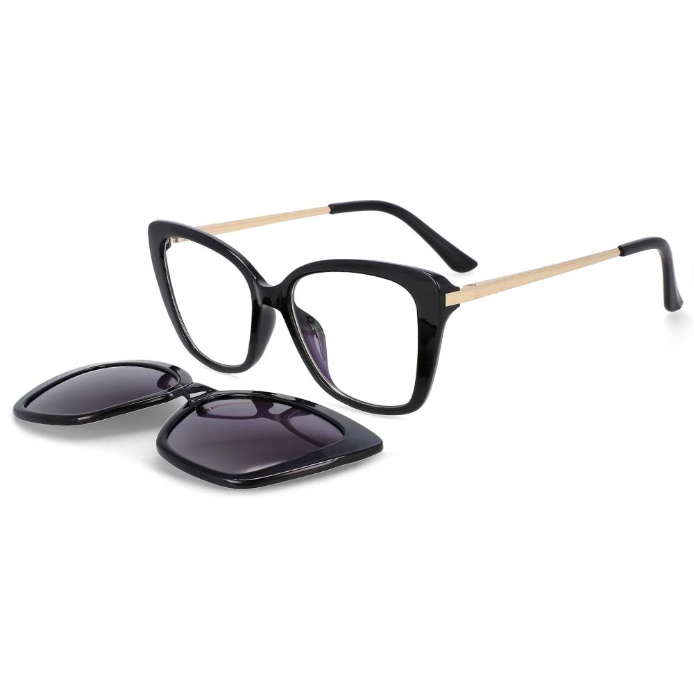 CCspace Women's Full Rim Rectangle Cat Eye Tr 90 Titanium Eyeglasses Clip On Sunglasses 53851 With Clip Ons CCspace black China white