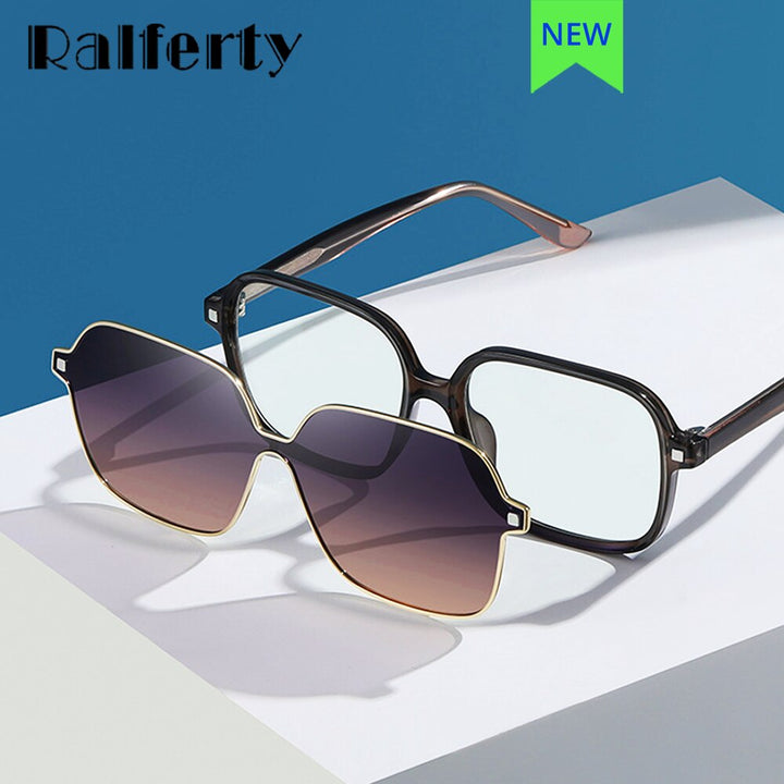 Ralferty Unisex Full Rim Square Acetate Eyeglasses With Polarized Clip On Sunglasses D7801 Clip On Sunglasses Ralferty   