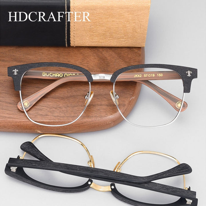 Hdcrafter Men's Full Rim Wide Square Wood Alloy Eyeglasses Jkk042 Full Rim Hdcrafter Eyeglasses   