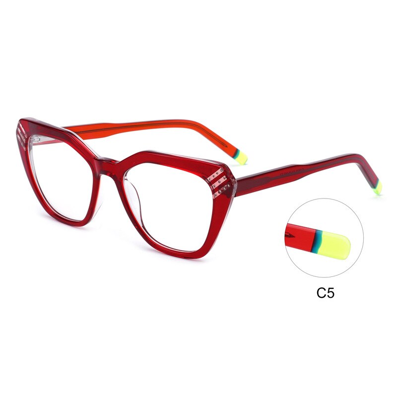 CCspace Women's Full Rim Square Cat Eye Handcrafted Acetate Eyeglasses 55282 Full Rim CCspace Red China 