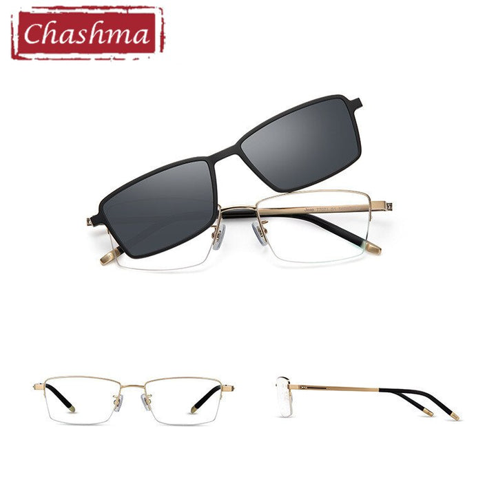 Chashma Ottica Men's Full Rim Square Titanium Eyeglasses With Polarized Sunglass Clip On 7071 Clip On Sunglasses Chashma Ottica Gold  
