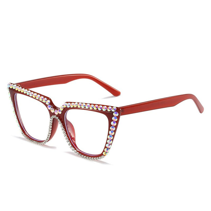 Cubojue Unisex Full Rim Rhinstone Studded Cat Eye Tr 90 Titanium Reading Glasses Hyperopic Reading Glasses Cubojue 0 anti blue light Red 