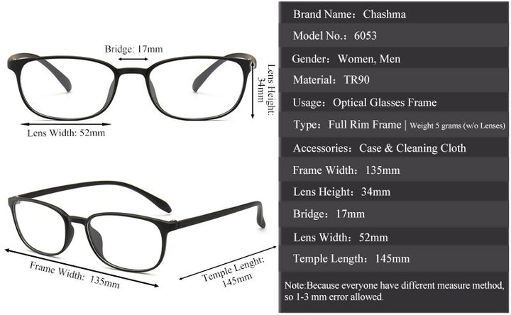 Chashma Women's Full Rim Square TR 90 Resin Titanium Frame Eyeglasses 6053 Full Rim Chashma   