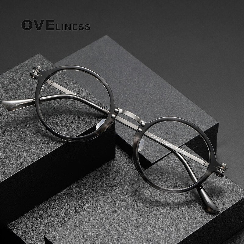 Oveliness Unisex Full Rim Round Acetate Titanium Eyeglasses 5866 Full Rim Oveliness   