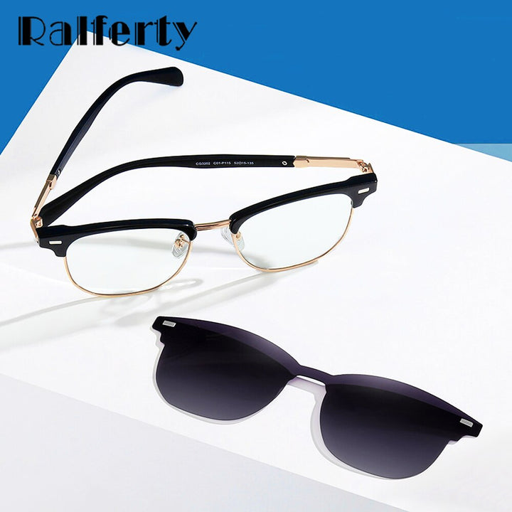 Ralferty Unisex Full Rim Square Tr 90 Alloy Eyeglasses With Polarized Clip On Sunglasses D3202 Clip On Sunglasses Ralferty   