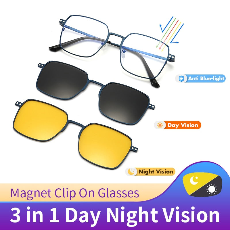 Hdcrafter Men's Full Rim Square Alloy Eyeglasses Clip On Polarized Sunglasses 7013 Clip On Sunglasses Hdcrafter Eyeglasses   