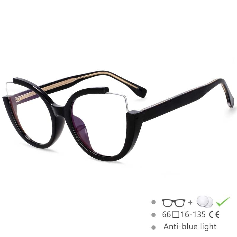 CCspace Women's Semi Rim Cat Eye Tr 90 Titanium Eyeglasses 54627 Semi Rim CCspace China Black 