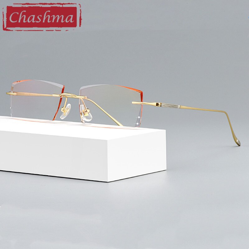 Chashma Ottica Men's Rimless Square Titanium Eyeglasses Tinted Lenses 9083 Rimless Chashma Ottica Gold with Brown  