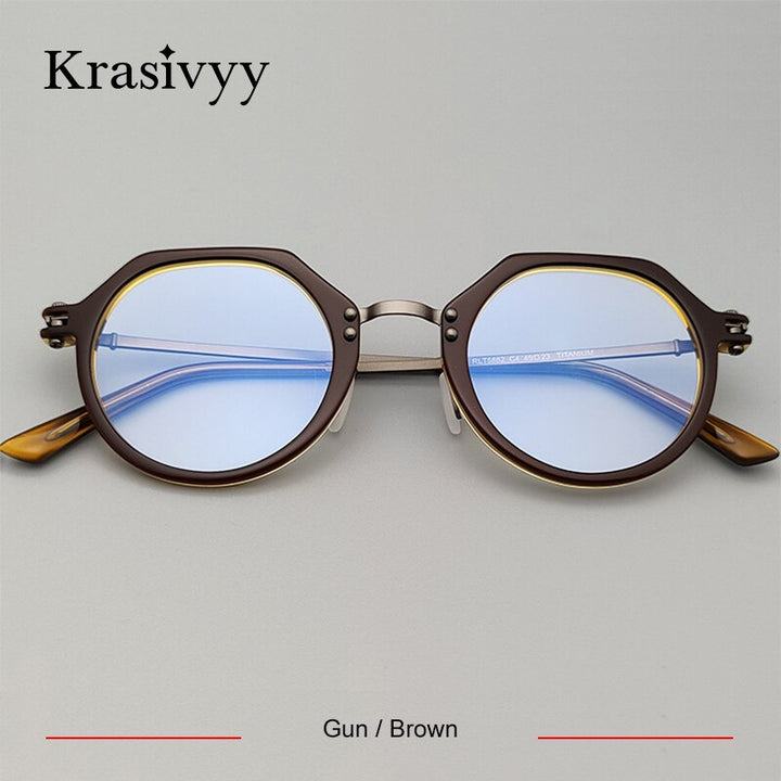 Krasivyy Unisex Full Rim Flat Top Round Titanium Acetate Eyeglasses Rlt5882 Full Rim Krasivyy Gun Brown CN 