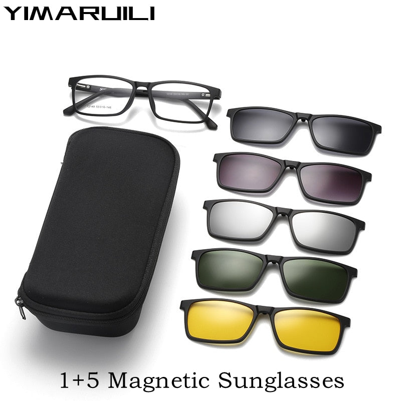 Yimaruili Unisex Full Rim Square Tr 90 Eyeglasses 5 Clip On Polarized Sunglasses 12149 With Clip Ons Yimaruili Eyeglasses   