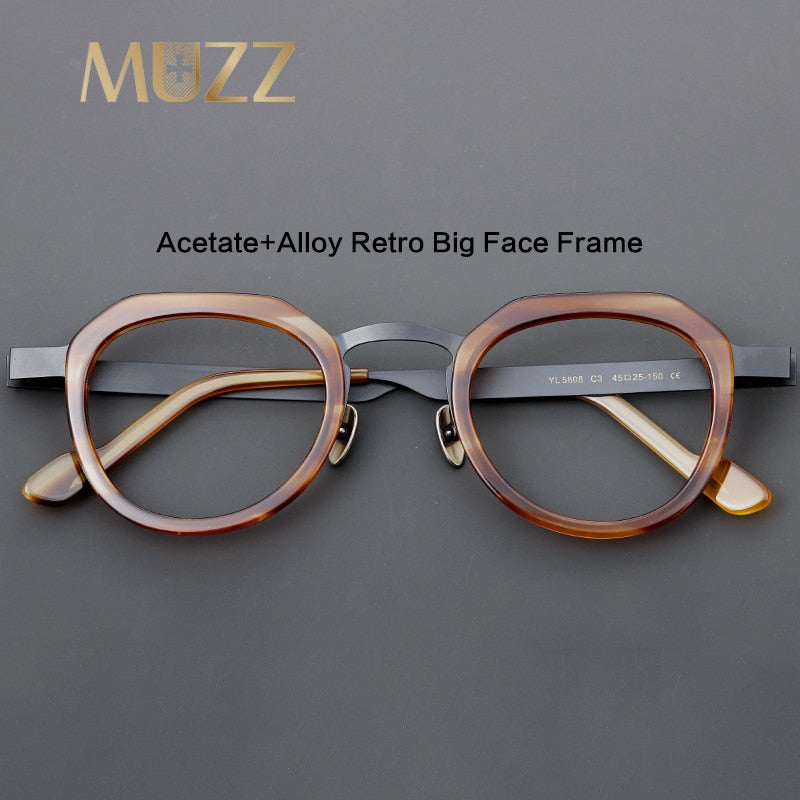 Muzz Men's Full Rim Round Square Acetate Alloy Eyeglasses 58081 Full Rim Muzz   