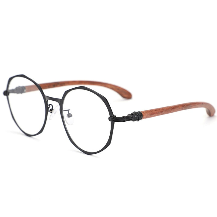 Hdcrafter Unisex Full Rim Polygon Titanium Frame Wood Temple Eyeglasses Full Rim Hdcrafter Eyeglasses Black  