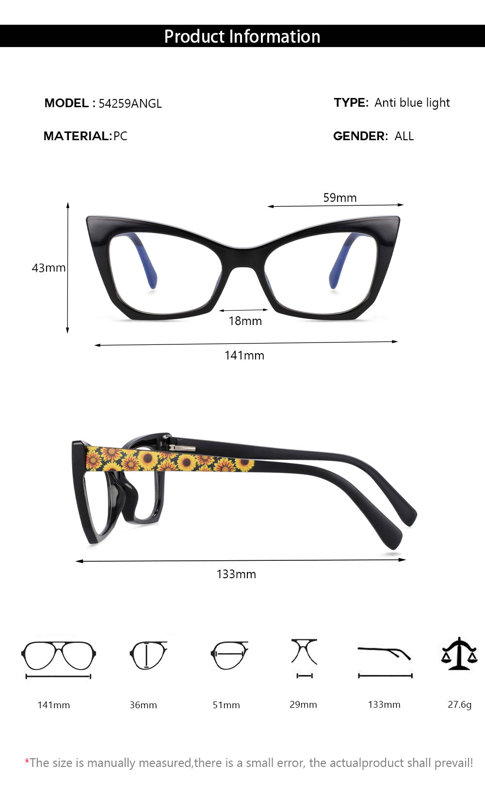 CCSpace Women's Full Rim Square Cat Eye Tr90 Titanium Frame Eyeglasses 54259 Full Rim CCspace   