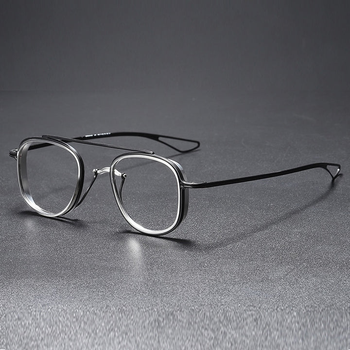 Muzz Unisex Full Rim Square Double Bridge Titanium Frame/Ring Eyeglasses 118 Full Rim Muzz BLACK SILVER  