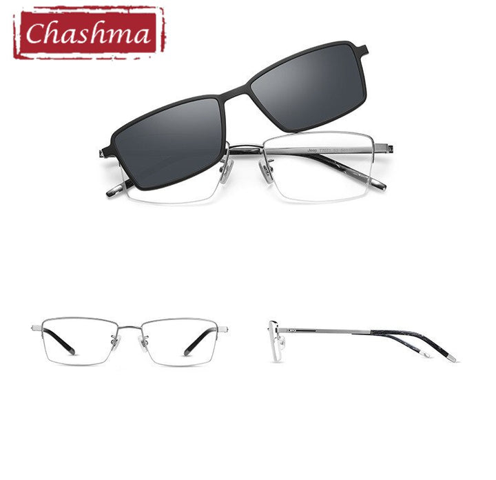 Chashma Ottica Men's Full Rim Square Titanium Eyeglasses With Polarized Sunglass Clip On 7071 Clip On Sunglasses Chashma Ottica Silver  