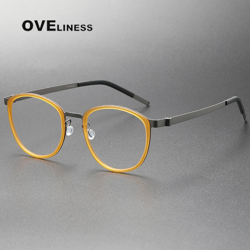 Oveliness Unisex Full Rim Round Screwless Titanium Eyeglasses 9737 Full Rim Oveliness yellow gun  