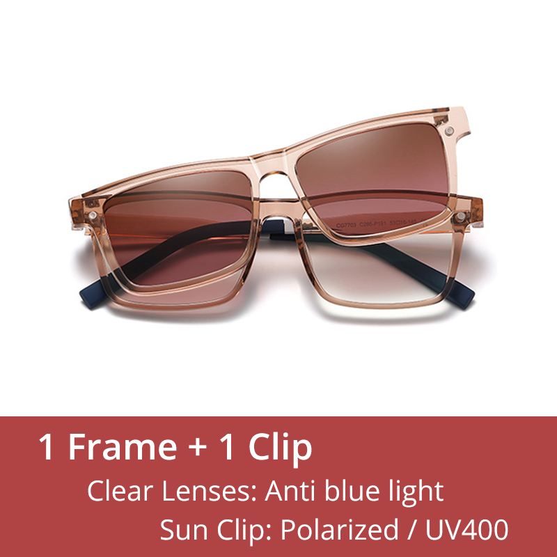 Ralferty Men's Full Rim Rectangle Tr 90 Acetate Eyeglasses With Clip On Polarized Sunglasses D7703 With Clip Ons Ralferty C286 Brown China As picture
