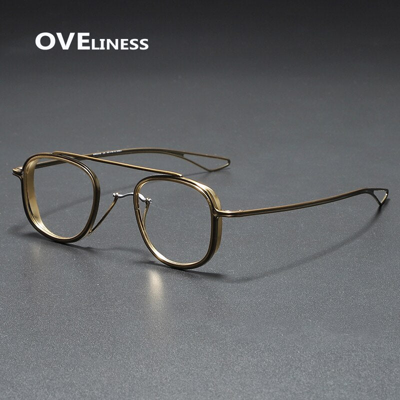 Oveliness Unisex Full Rim Square Double Bridge Titanium Eyeglasses 118 Full Rim Oveliness bronze gold  