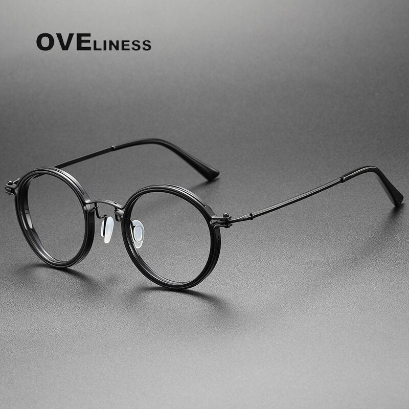 Oveliness Unisex Full Rim Round Acetate Titanium Eyeglasses 5860 Full Rim Oveliness black  
