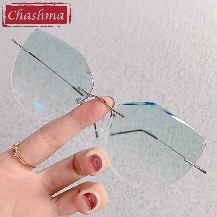Chashma Ottica Women's Rimless Square Cat Eye Titanium Eyeglasses Tinted Lenses 6074 Rimless Chashma Ottica Silver Green  