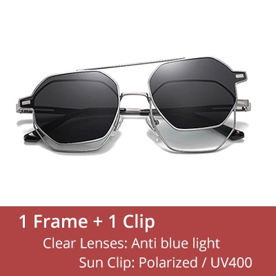 Ralferty Unisex Full Rim Hexagon Alloy Eyeglasses With Clip On Polarized Sunglasses Clip On Sunglasses Ralferty C07 Light-Gun Gray China As picture