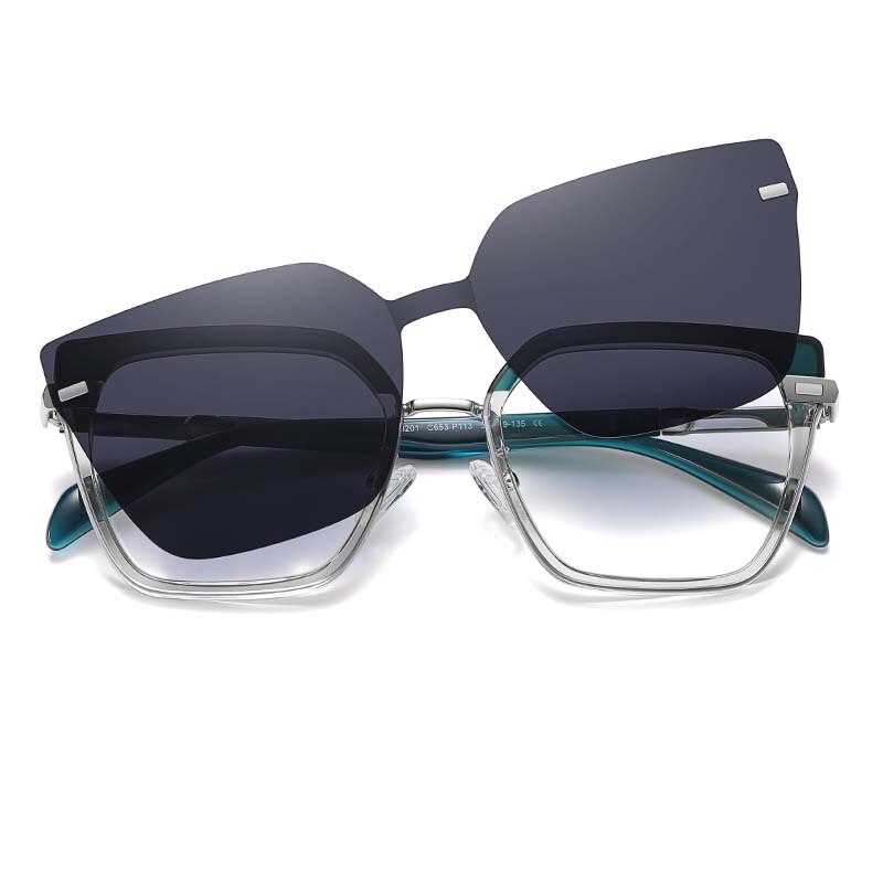 CCspace Full Rim Square Cat Eye Tr 90 Titanium Eyeglasses With Clip On Sunglasses 54894 With Clip Ons CCspace BlueGreen 54894 