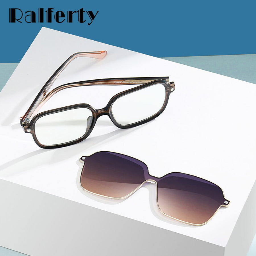 Ralferty Unisex Full Rim Square Acetate Eyeglasses With Polarized Clip On Sunglasses D7801 Clip On Sunglasses Ralferty   