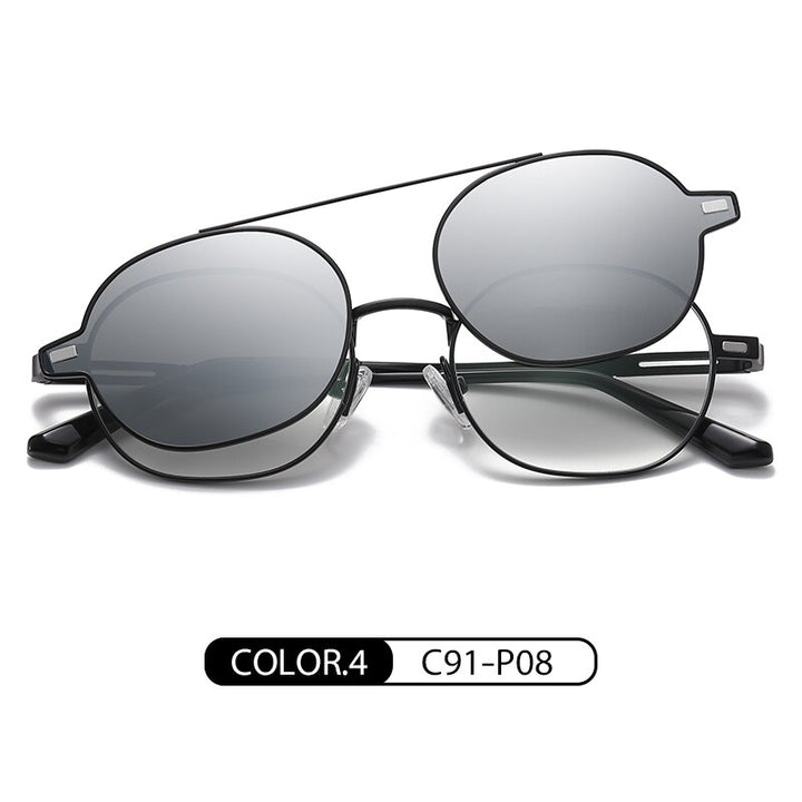 Zirosat Unisex Full Rim Round Alloy Eyeglasses Clip On Sunglasses CG8802 Clip On Sunglasses Zirosat silver  
