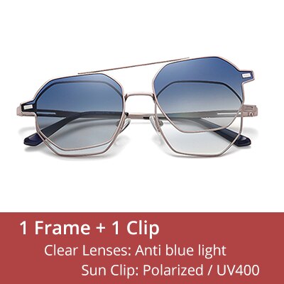 Ralferty Unisex Full Rim Hexagon Alloy Eyeglasses With Clip On Polarized Sunglasses Clip On Sunglasses Ralferty C44 Gold-Blue China As picture