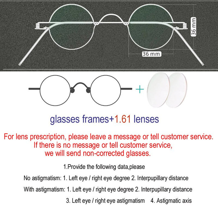 Yujo Unisex Full Rim Round Handcrafted Stainless Steel Customized Lens/ Diameter Eyeglasses Full Rim Yujo 36mm China 
