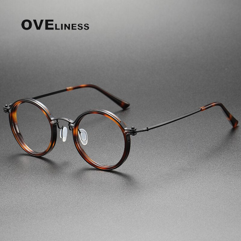 Oveliness Unisex Full Rim Round Acetate Titanium Eyeglasses 5860 Full Rim Oveliness tortoise black  