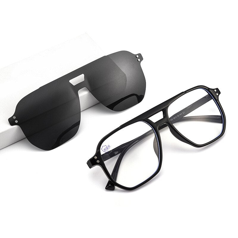 Yimaruili Unisex Full Rim Double Bridge TR 90 Resin Frame Eyeglasses Magnetic Clip On Polarized Sunglasses 82102 Clip On Sunglasses Yimaruili Eyeglasses Black  