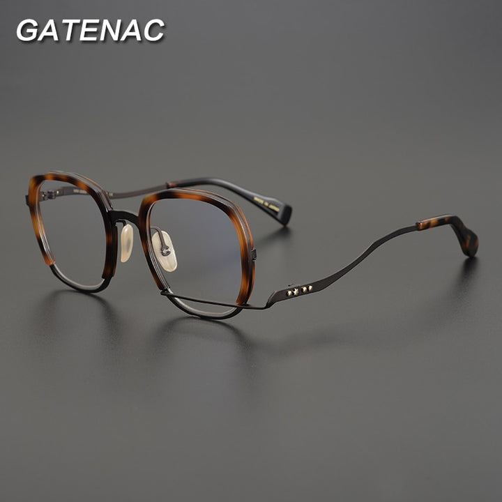 Gatenac Unisex Full Rim Irregular Square Titanium Acetate Eyeglasses Gxyj868 Full Rim Gatenac Tortoise  