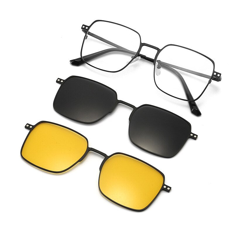 Hdcrafter Men's Full Rim Square Alloy Eyeglasses Clip On Polarized Sunglasses 7013 Clip On Sunglasses Hdcrafter Eyeglasses Black Frame  