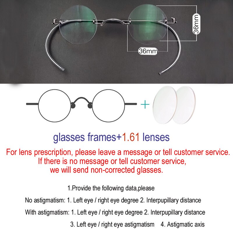 Yujo Unisex Rimless Small Round Stainless Steel Screwless Eyeglasses Customized Lens Options Rimless Yujo 36mm China 