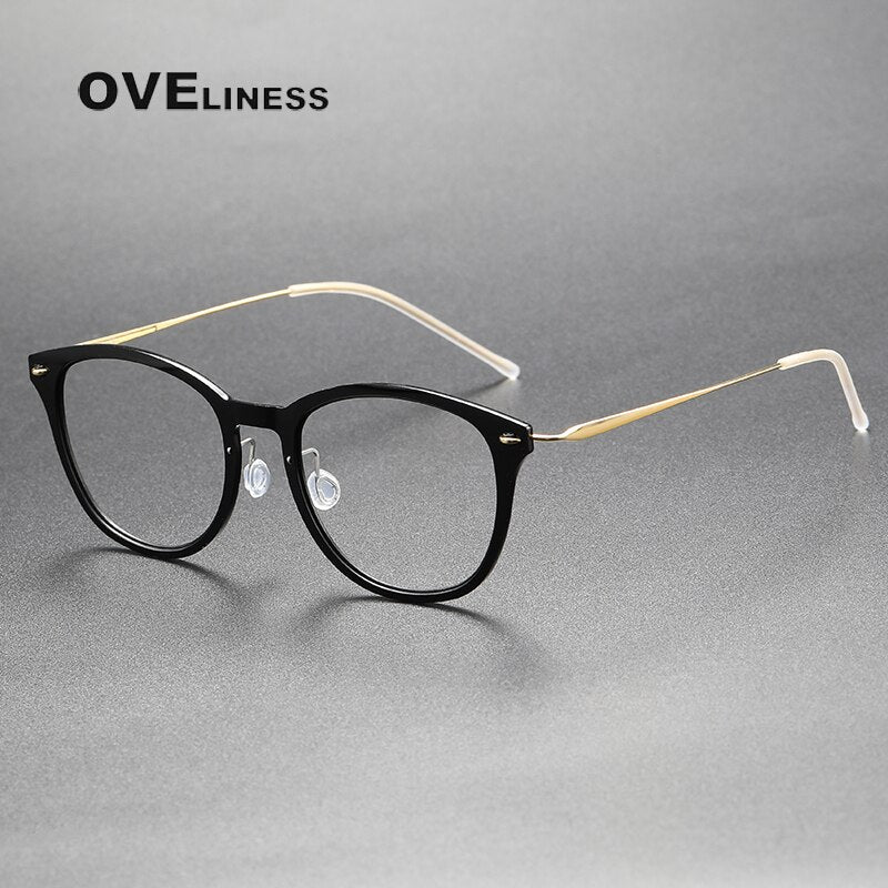 Oveliness Unisex Full Rim Round Acetate Titanium Eyeglasses 6506 Full Rim Oveliness black gold  