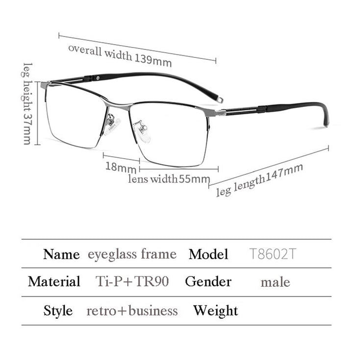 Hotochki Men's Full Rim Square Tr 90 Titanium Frame Eyeglasses T8602t Full Rim Hotochki   