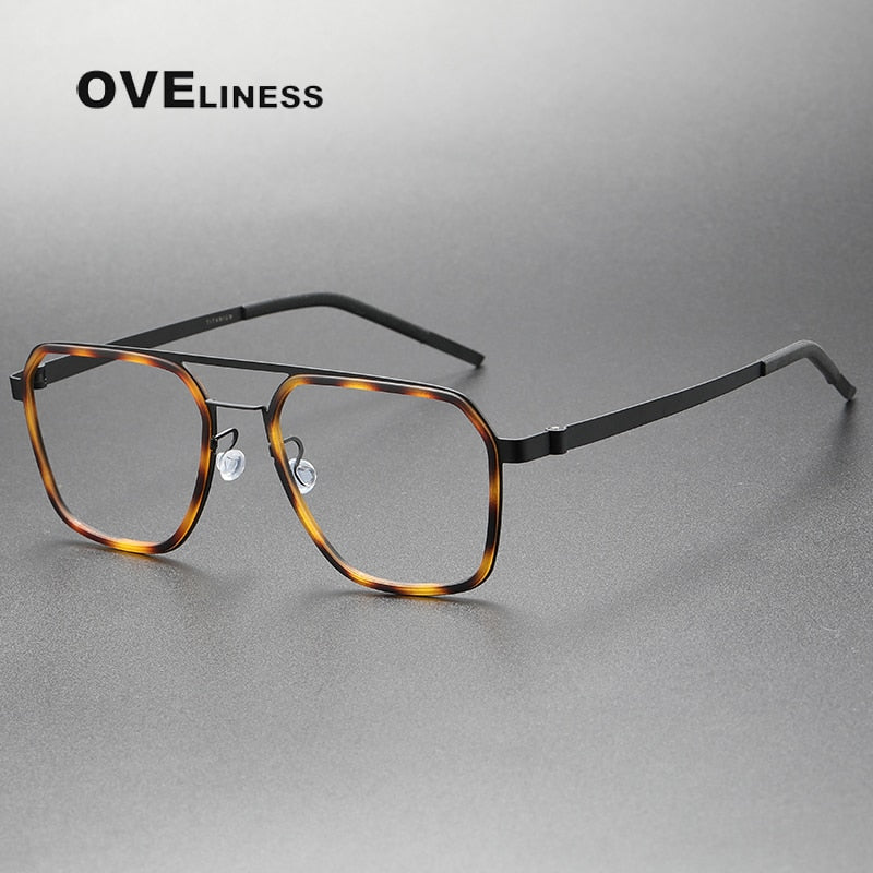 Oveliness Unisex Full Rim Square Double Bridge Screwless Acetate Titanium Eyeglasses 9753 Full Rim Oveliness tortoise black  