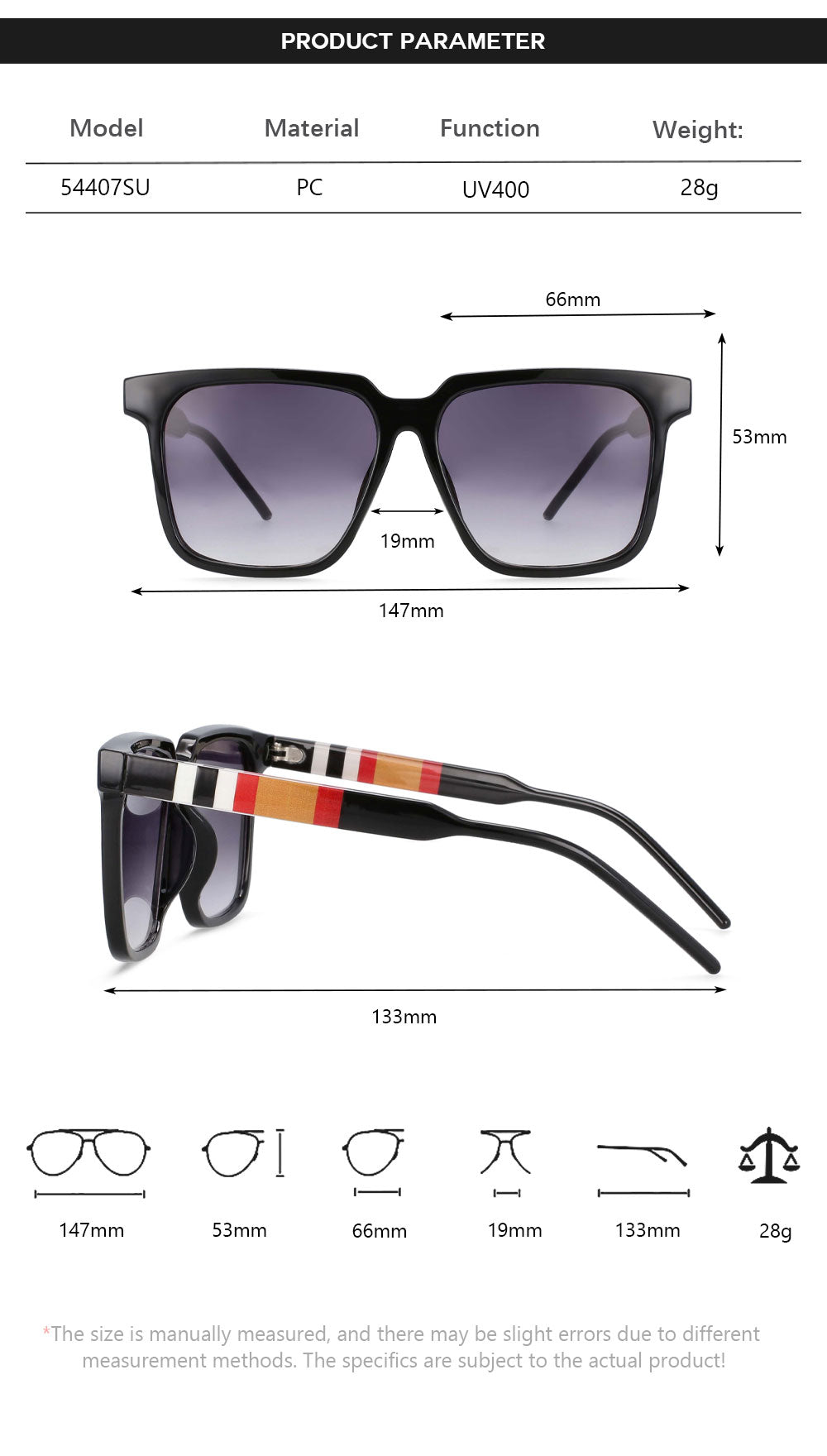 CCSpace Unisex Full Rim Oversized Square Resin Frame Sunglasses 54407 Sunglasses CCspace Sunglasses   