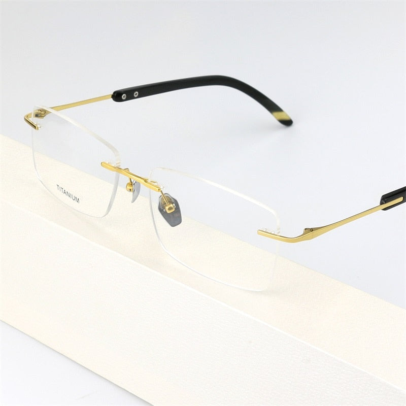 Hdcrafter Men's Rimless Square Titanium Horn Temple Eyeglasses Hs921 Rimless Hdcrafter Eyeglasses   