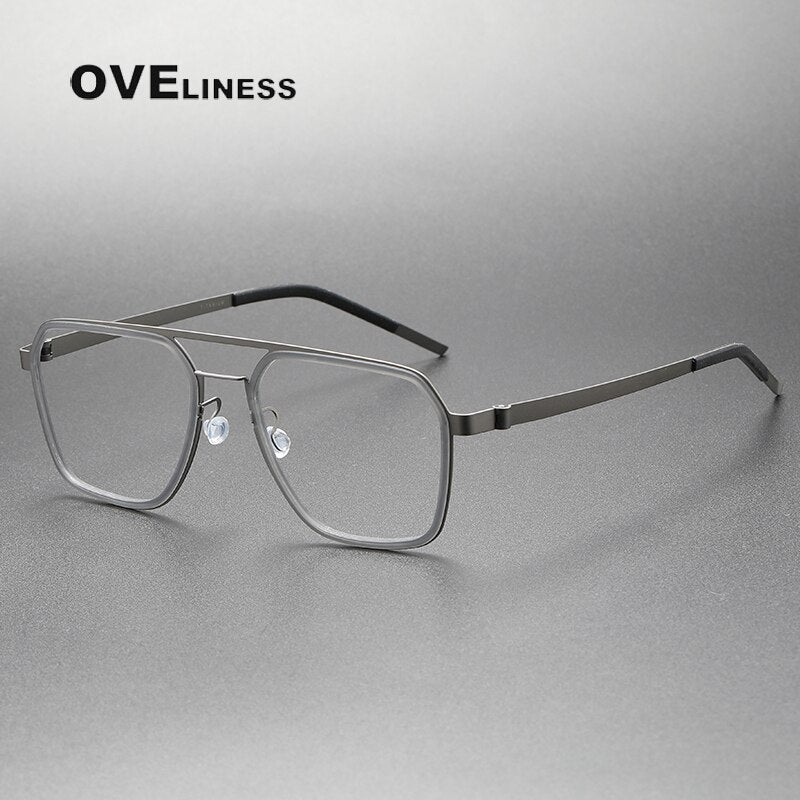 Oveliness Unisex Full Rim Square Double Bridge Screwless Acetate Titanium Eyeglasses 9753 Full Rim Oveliness grey gun  