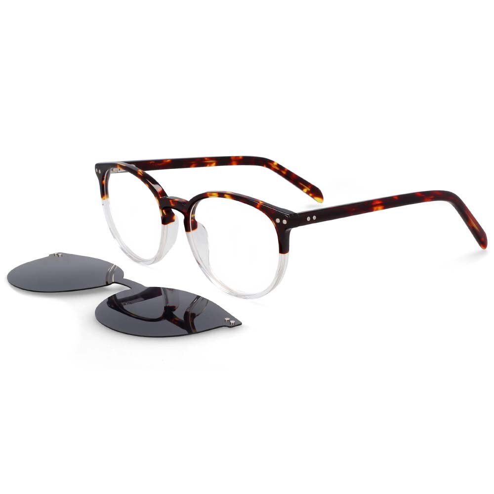 CCspace Unisex Full Rim Round Cat Eye Acetate Frame Eyeglasses Clip On Sunglasses 54331 With Clip Ons CCspace amber China white