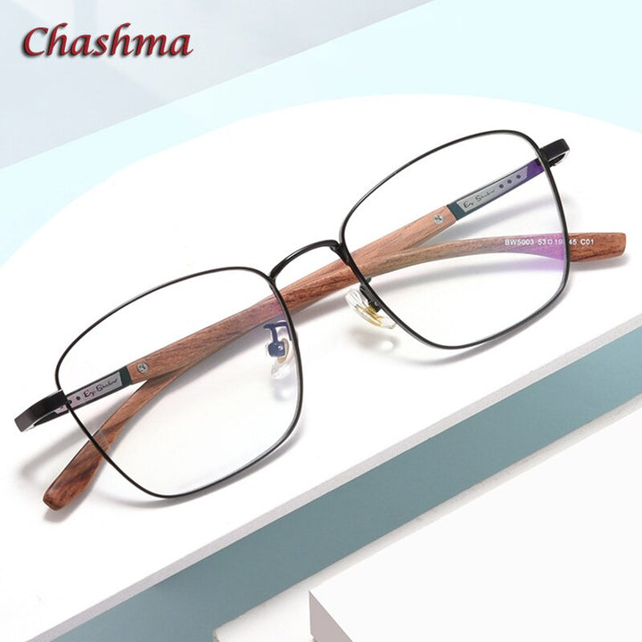 Chashma Unisex Full Rim Square Stainless Steel Frame Wood Temple Eyeglasses Full Rim Chashma   