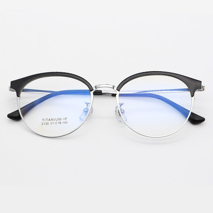 Bclear Unisex Full Rim Round Titanium Acetate Frame Browline Eyeglasses My2130 Full Rim Bclear Black silver  