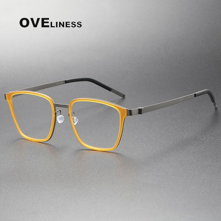 Oveliness Unisex Full Rim Square Screwless Acetate Titanium Eyeglasses 9749 Full Rim Oveliness yellow gun  