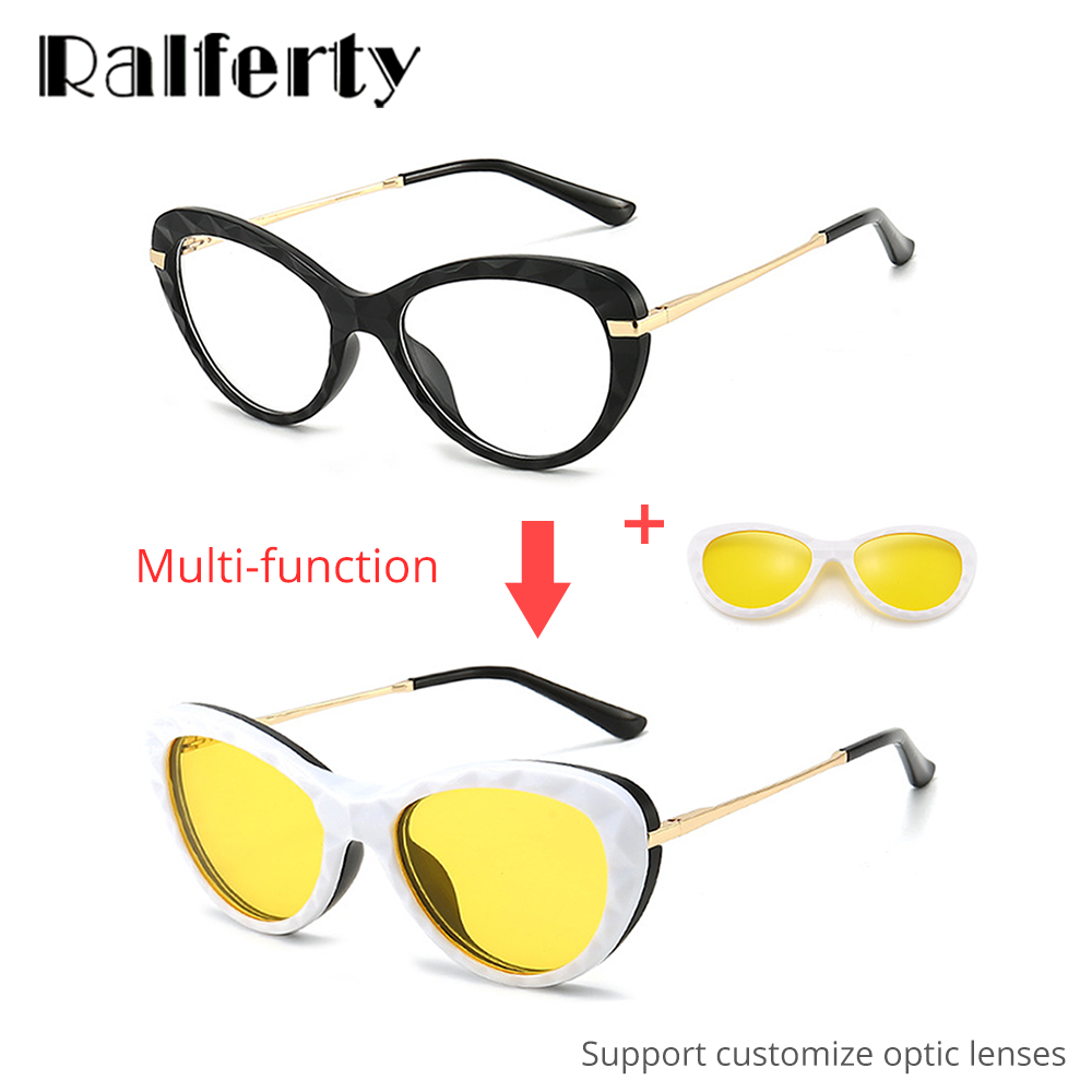 Ralferty Women's Full Rim Square Cat EyeTr 90 Acetate Eyeglasses With Clip On Polarized Sunglasses TR2345 Clip On Sunglasses Ralferty   